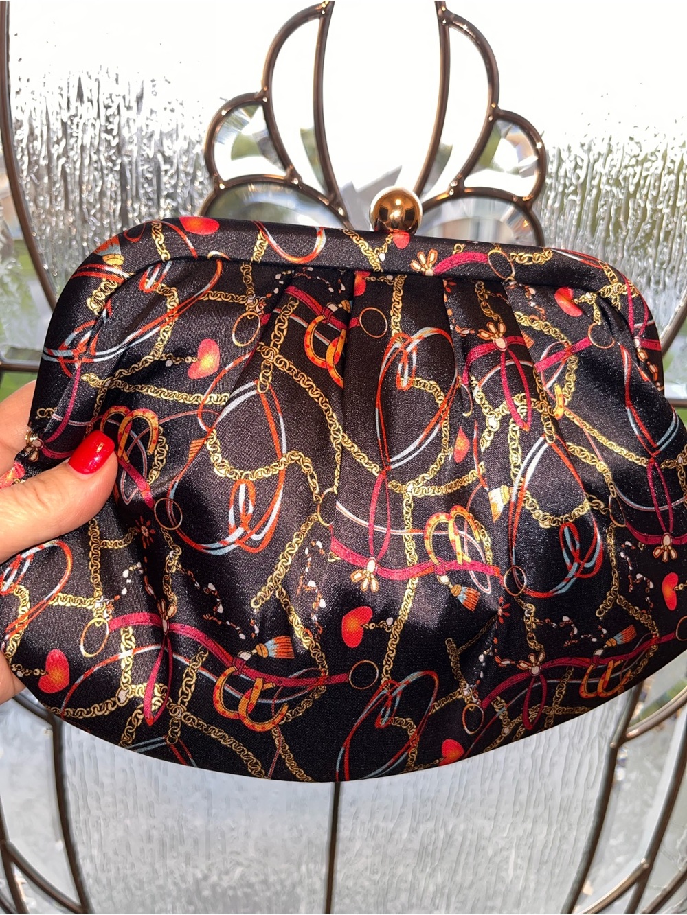 Black Satin Chain-Print Evening Clutch
